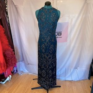 100% Silk Handmade Beaded Dark Green Prom Dress